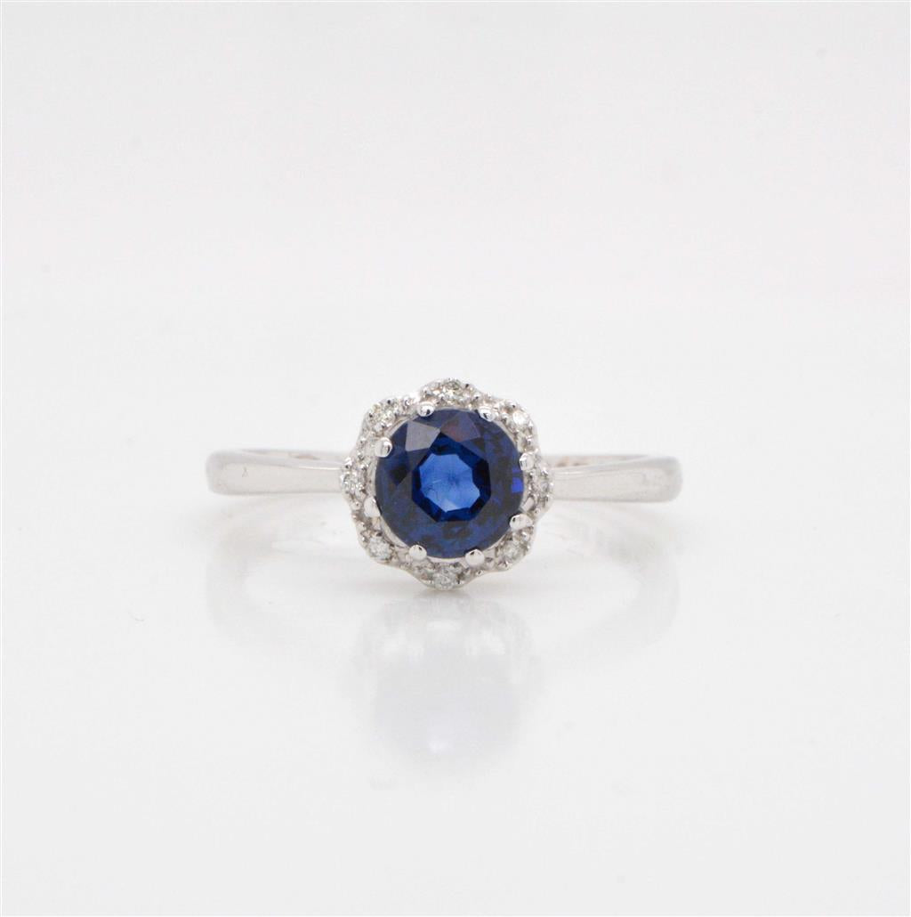 14K White Gold Diamond Ballerina Halo Sapphire Ring