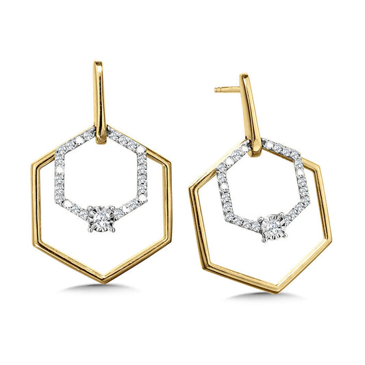 10K Two Tone Double Hexagon Dangling Diamond Earrings