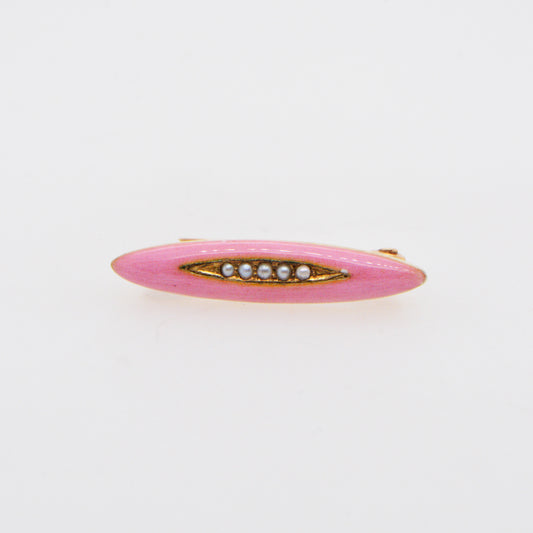 14 Karat Yellow Gold Antique Pink Enamel Pin With Seed Pearls