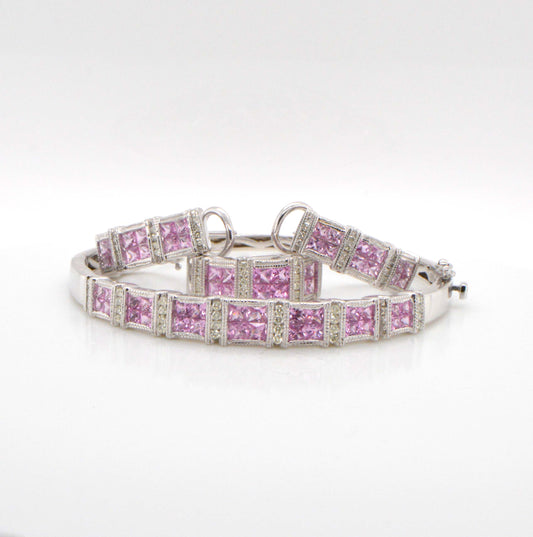 Natural Pink Sapphire And Diamond Earring, Ring, & Bracelet Set