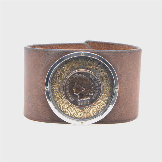 Leather Bracelet with Brass and Copper Coin