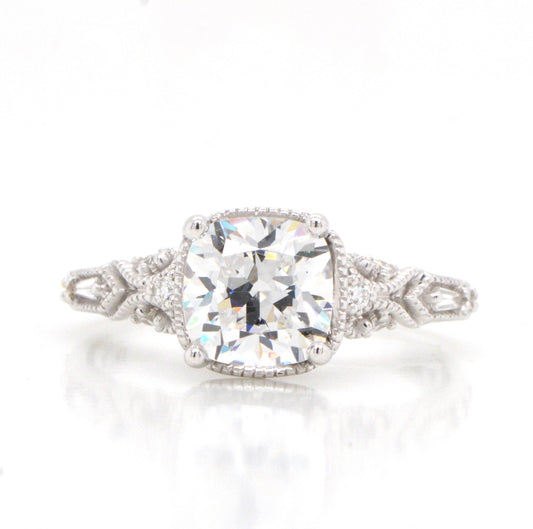 14K White Gold Diamond Filigree Engagement Ring with Baguette and Milgrain accents