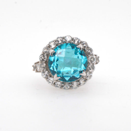 Sterling Silver Sky Blue Cocktail Ring with CZ Halo Accent