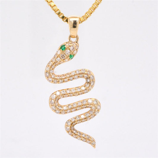 14K Yellow Gold Diamond and Emerald Snake Pendant
