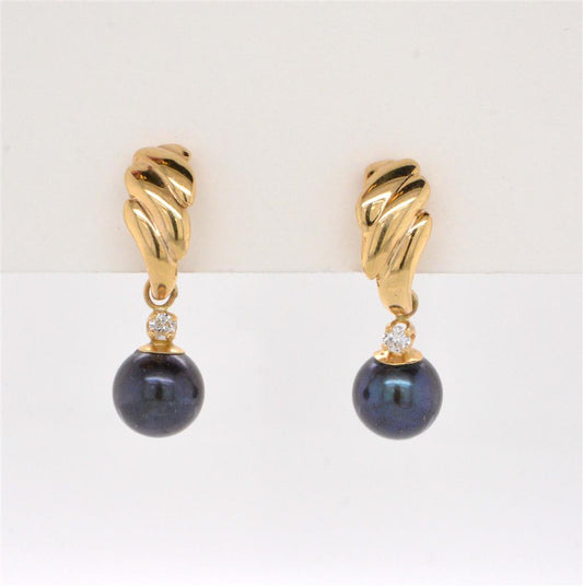 Black Pearl & Diamond Dangle Earrings
