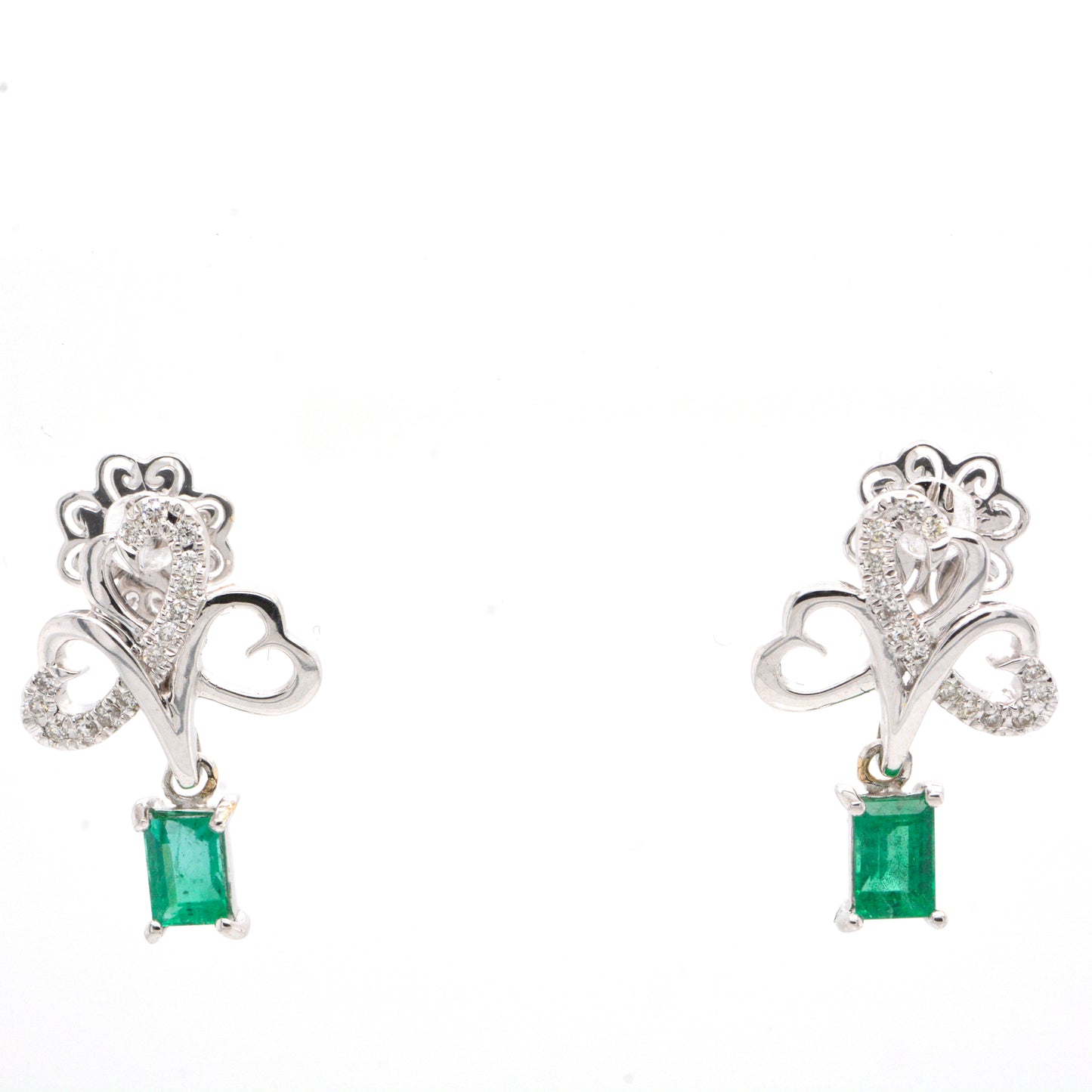 14K White Gold Diamond and Emerald Dangle Earrings