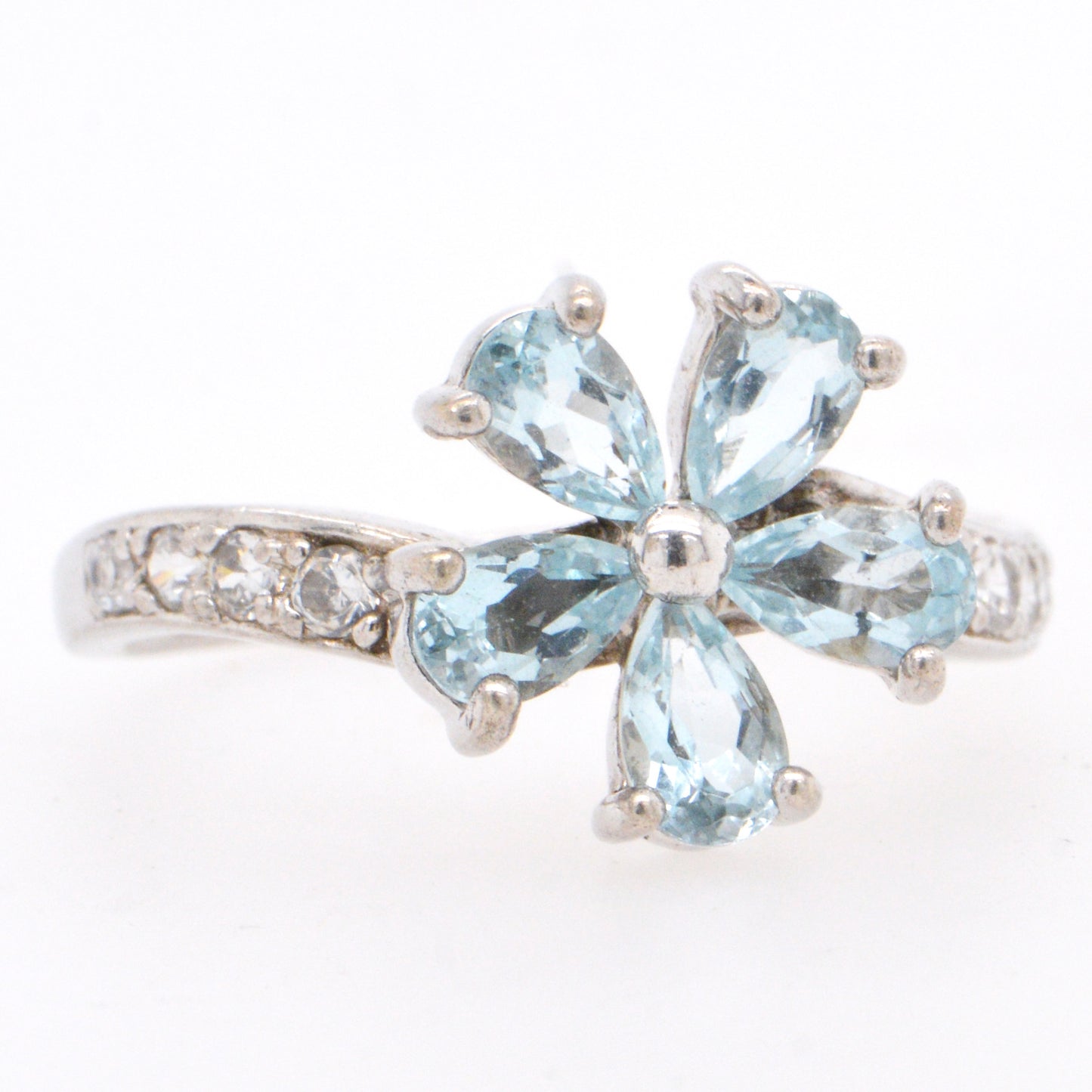 Sterling Silver Blue Stone/Cubic Zirconia Flower Ring