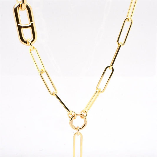 14K Gold Plated Paperclip Chain with two Mariner Link Section and one Dangling
14K Gold Plated Paperclip Chain with two Mariner Link Section and one Dangling Chain