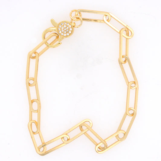 Matte Gold Plated Paperclip Chain with Small Round Cubic Zirconia Clasp Bracelet