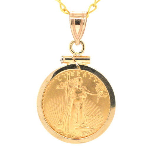 Yellow Gold Pendant w/24k 1/10th oz Liberty Coin 1999