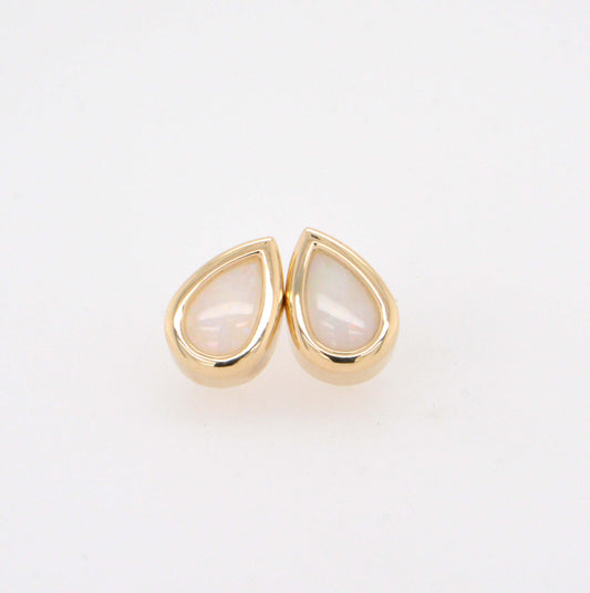 14K Yellow Gold Pear Opal Bezel Set Stud Earrings