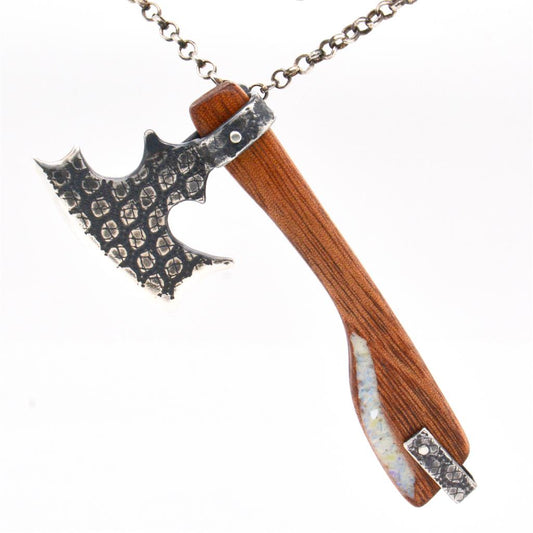 999 Fine Silver, Wood, and Opal Axe Pendant