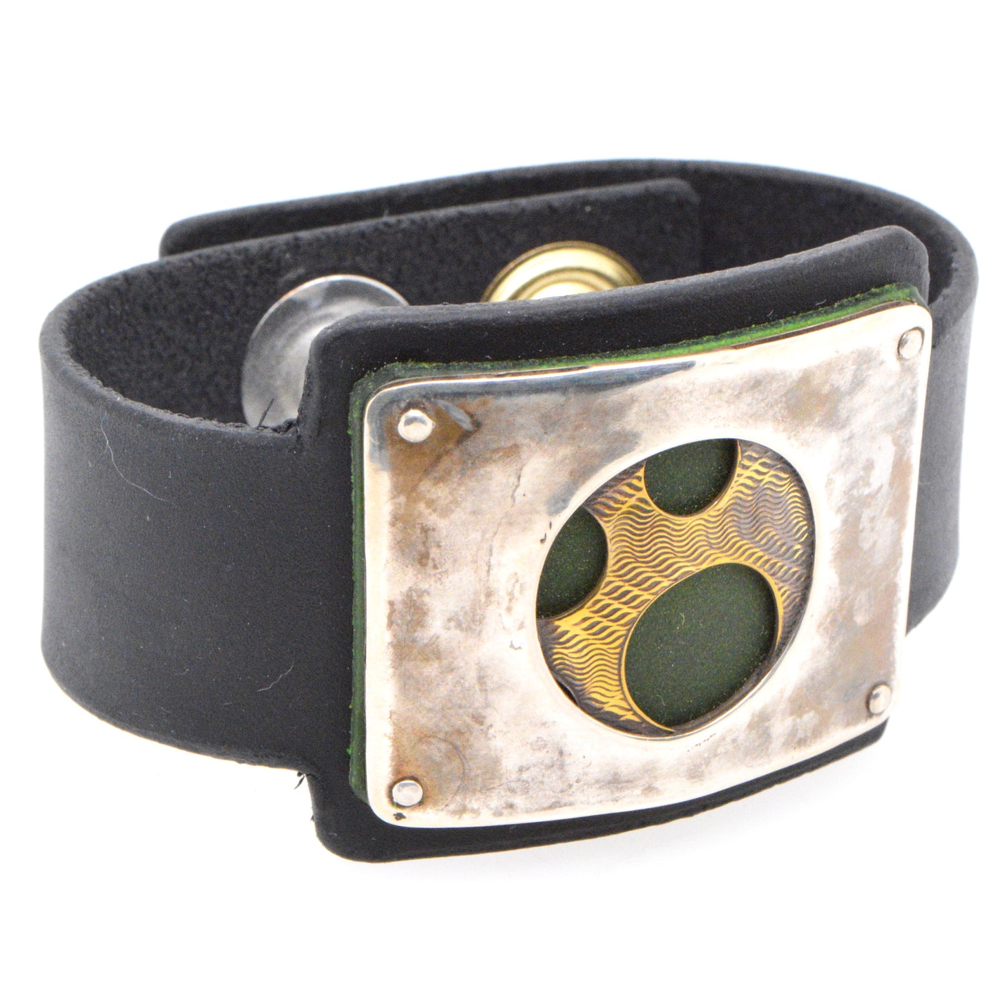 Copper, Brass, Silver Bubble styl bracelet on black leather