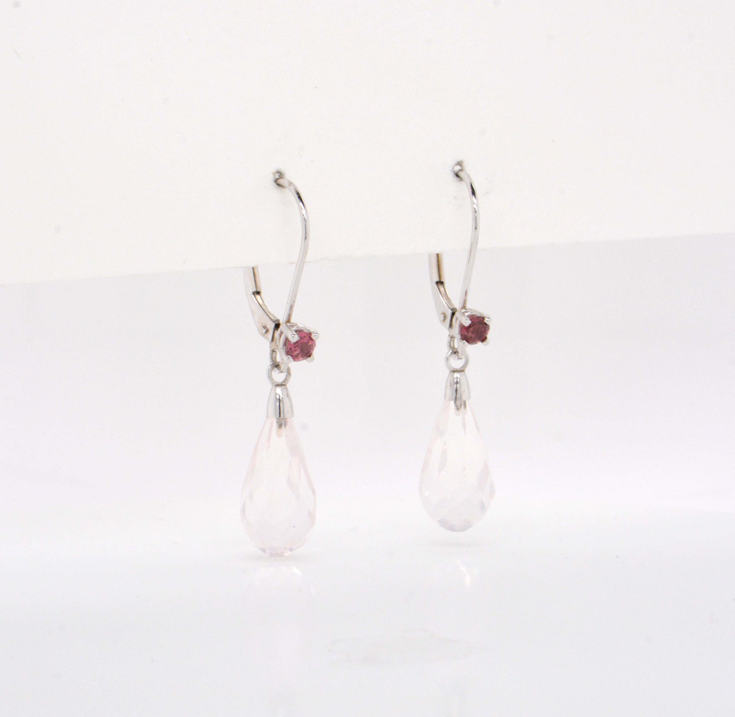 14K White Gold Rose Quartz and Pink Tourmaline Briolette Dangle Earrings