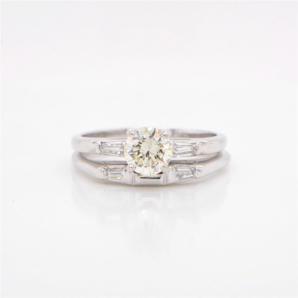 14K White Gold Round Diamond Ring with Baguette Diamonds