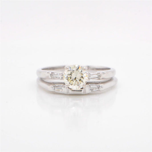 14K White Gold Round Diamond Ring with Baguette Diamonds