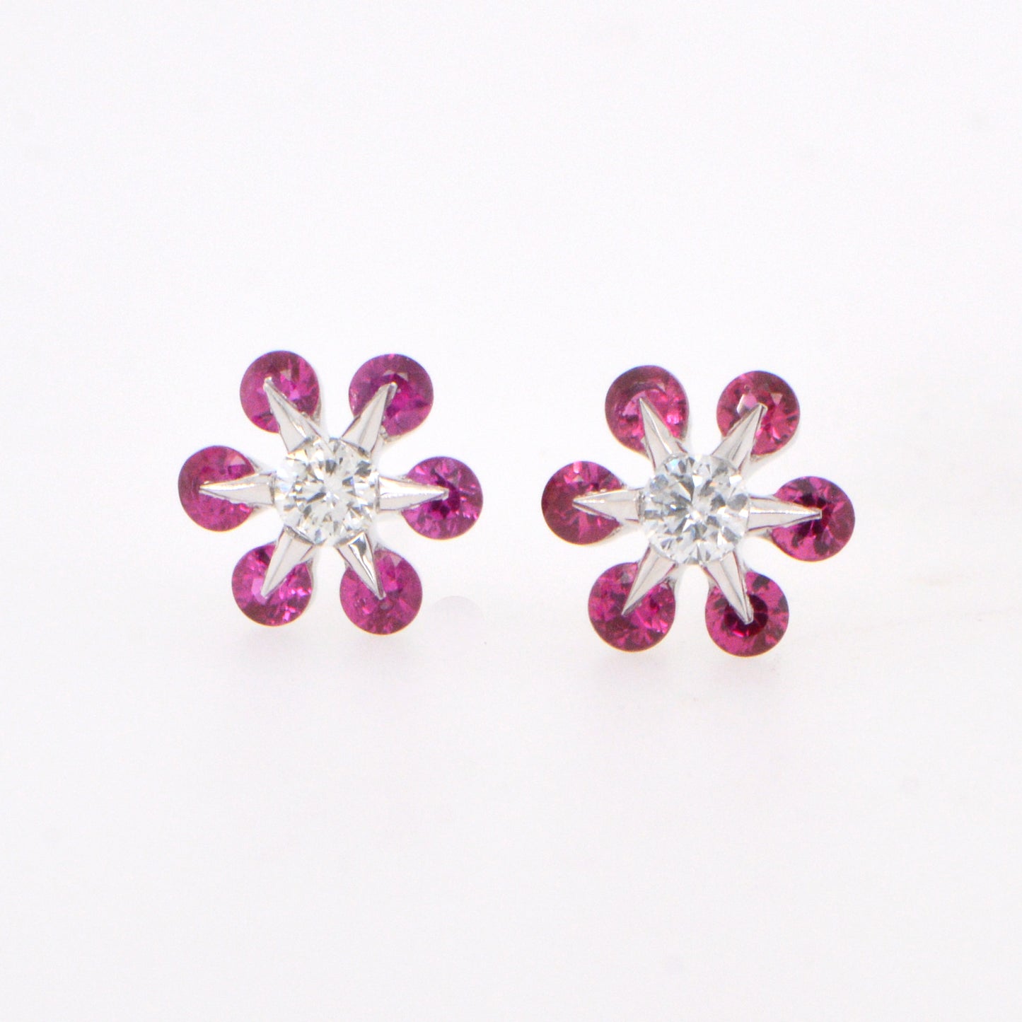14K White Gold Diamond Ruby Flower Stud Earrings