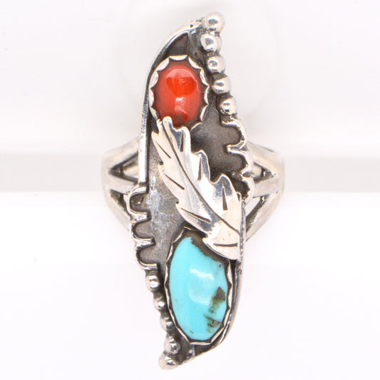 925 Silver Blue Turquoise, and Coral Ring