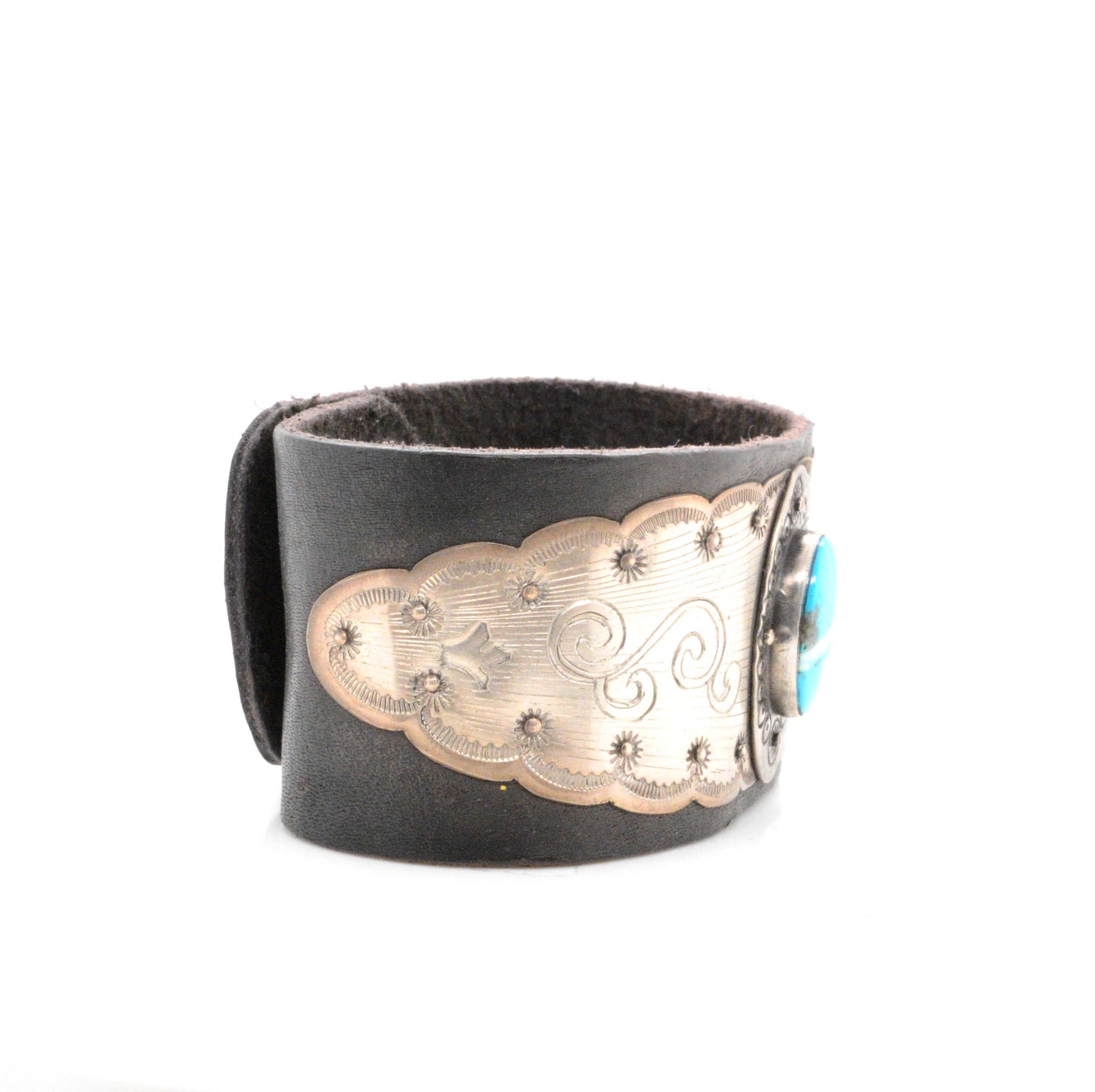 Black Leather Bracelet Accented With A Hand Engraved and Stamped Silver Design
