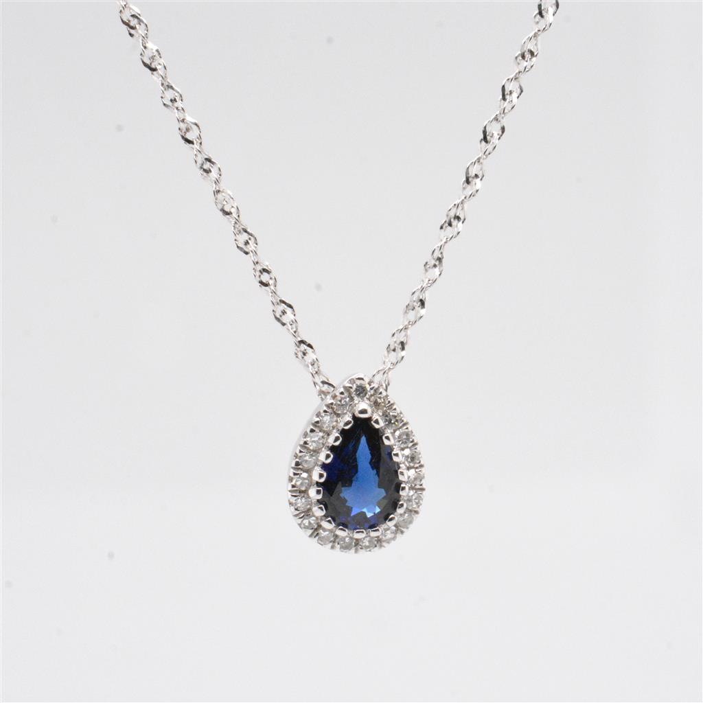 14K White Gold Teardrop Sapphire & Diamond Halo Pendant