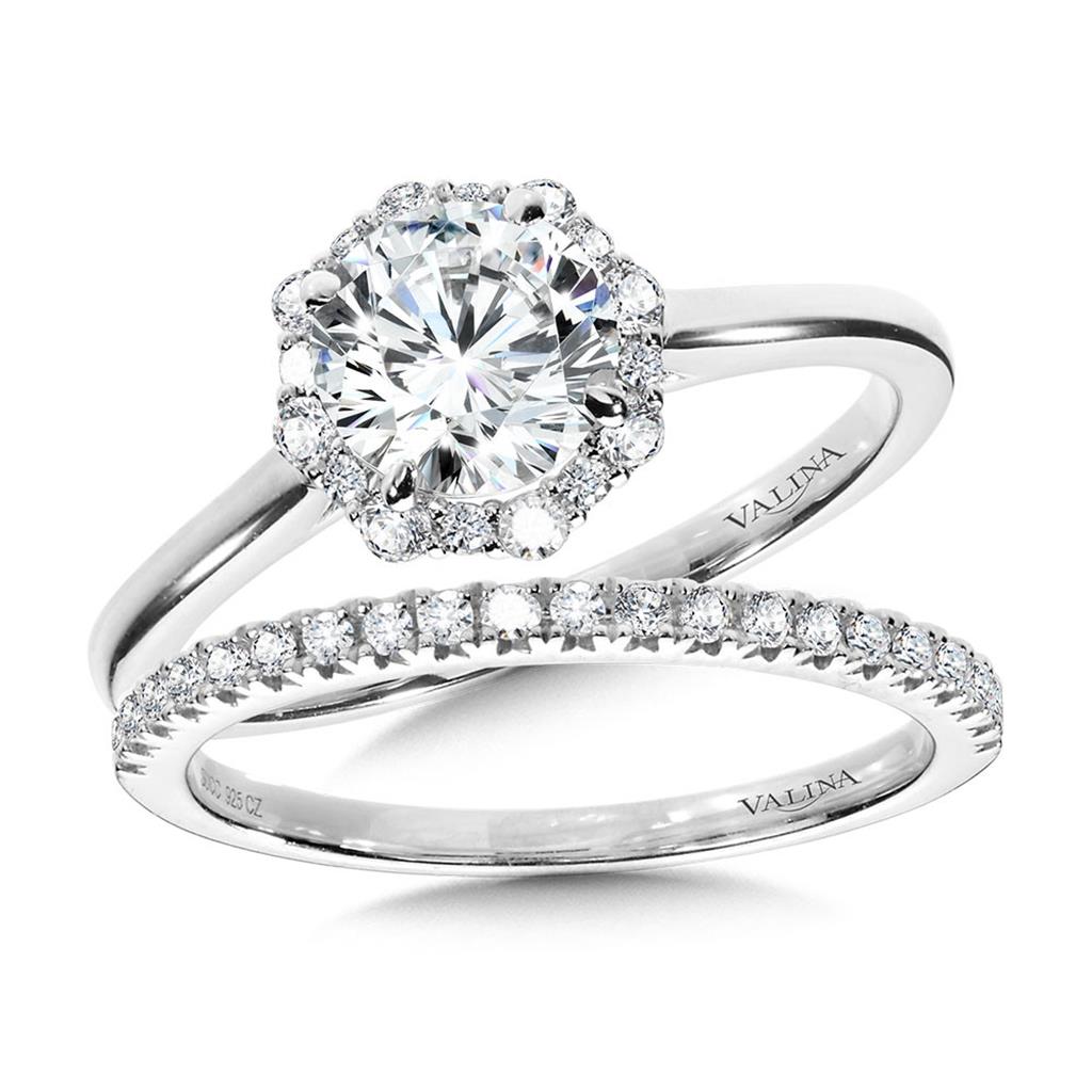 14K White Gold Modern Straight Halo Diamond Engagement Ring