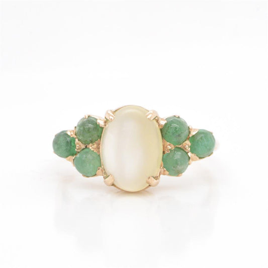 14K Yellow Gold Moonstone & Emerald Cabachon Ring