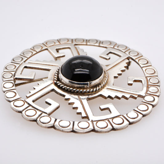 Sterling Silver Aztec Style Pin With Black Onyx
