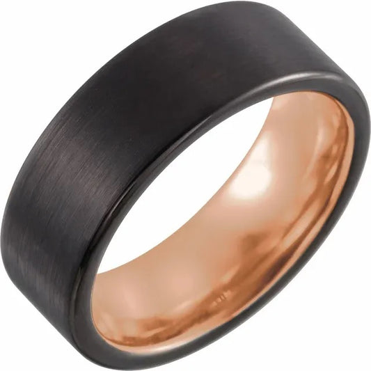18K Rose Gold PVD & Black PVD Tungsten 8 mm Flat Edge Size 10 Band with Satin Finish