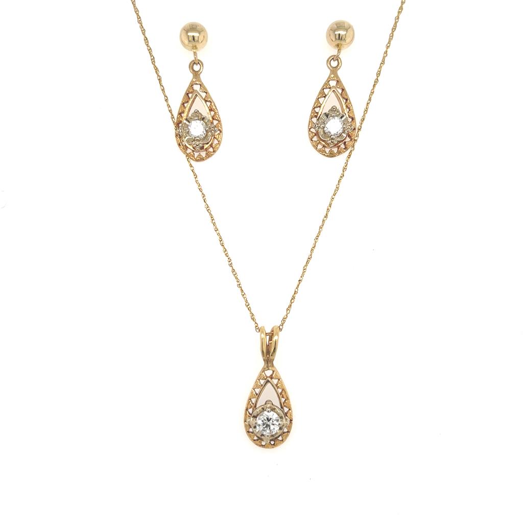 14K Yellow Gold Diamond Pendant & Earring Set