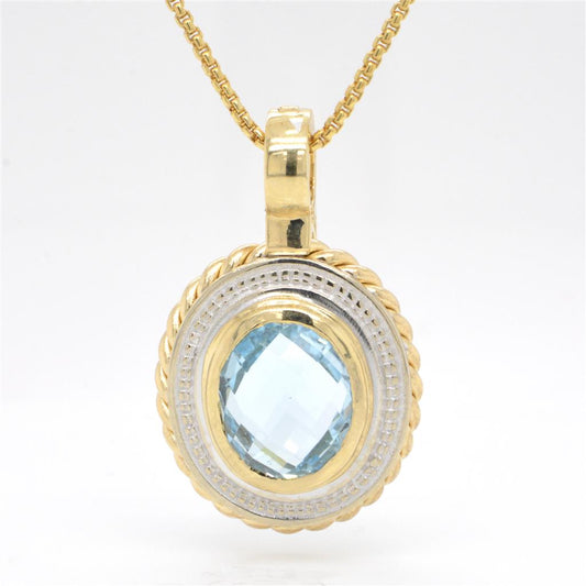 14K Two Tone Checkerboard Topaz set in an Oval Bezel Pendant