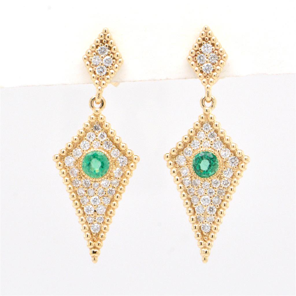 Yellow Gold Diamond and Emerald Vintage Style Earrings