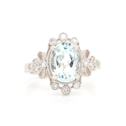 14K White Gold Antique Style Aquamarine & Diamond Ring