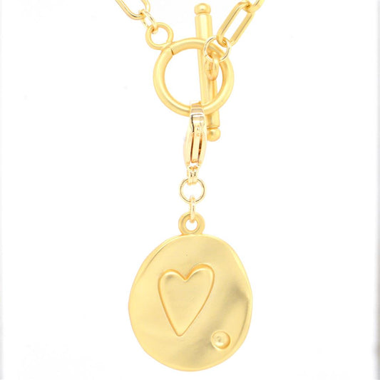 Gold Color Matte Oval Paperclip Chain with Toggle & Matte Heart Disc