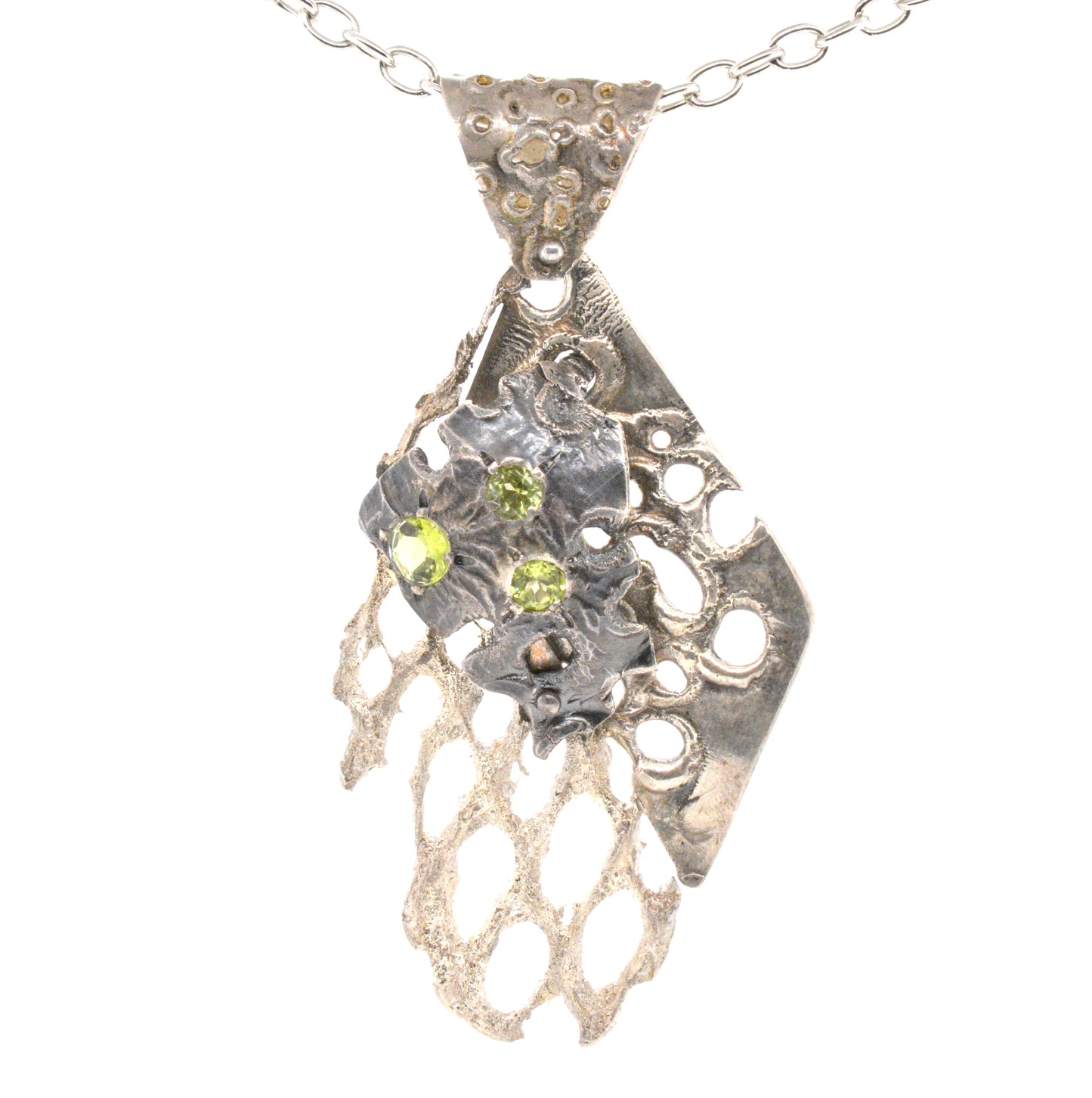 Hand Crafted Sterling Silver With Petina'd Sterling Silver And Peridot Stones Pendant