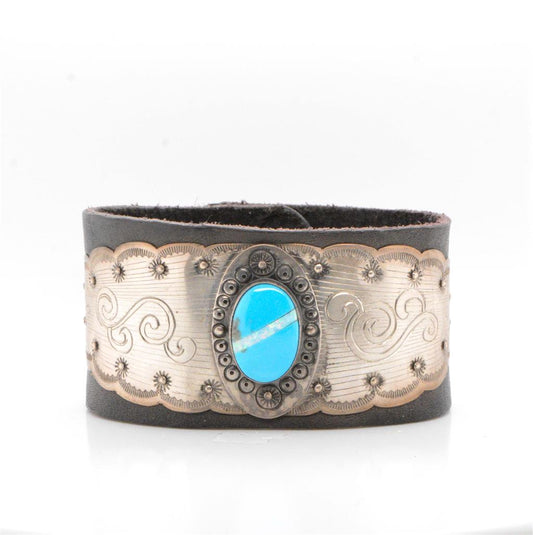 Black Leather Bracelet Accented With A Hand Engraved and Stamped Silver Design