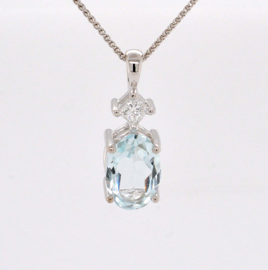 14K White Gold Diamond and Aquamarine Pendant