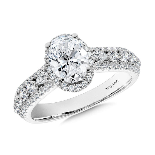 14K White Gold Oval-Cut & Pear-Cut Accented Wide Engagement Ring with Drop Halo