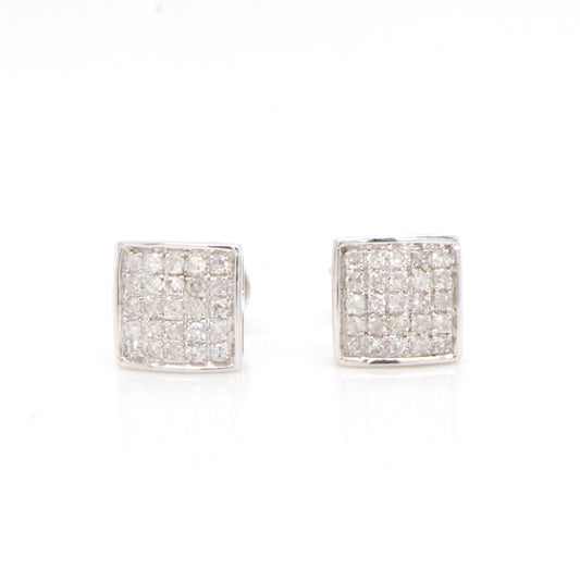 10K White Gold Square Pave Diamond Stud Earrings