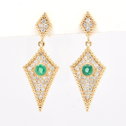 Yellow Gold Diamond and Emerald Vintage Style Earrings