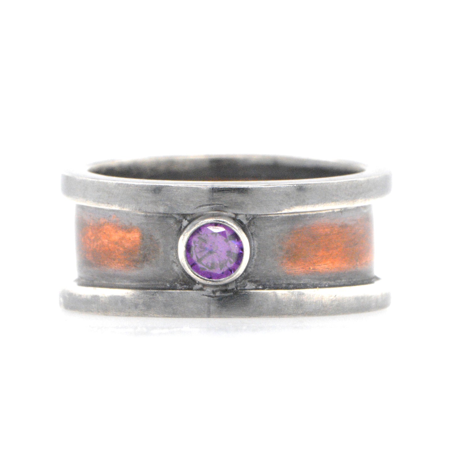 Sterling Silver, Copper, Brass and a Bezel Set Created Amethyst on one side and Mesh Design on the other Side