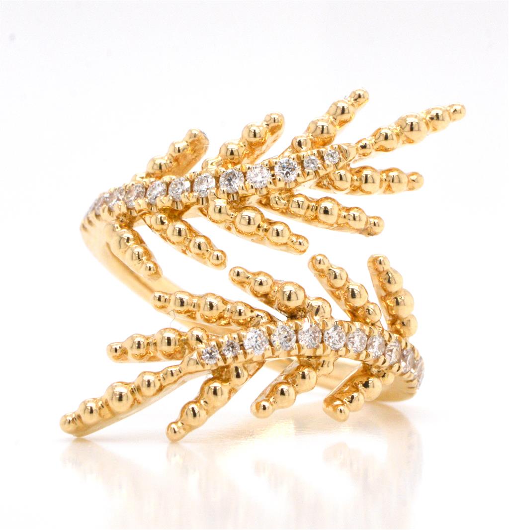 14K Yellow Gold Leaf Motif Diamond Ring