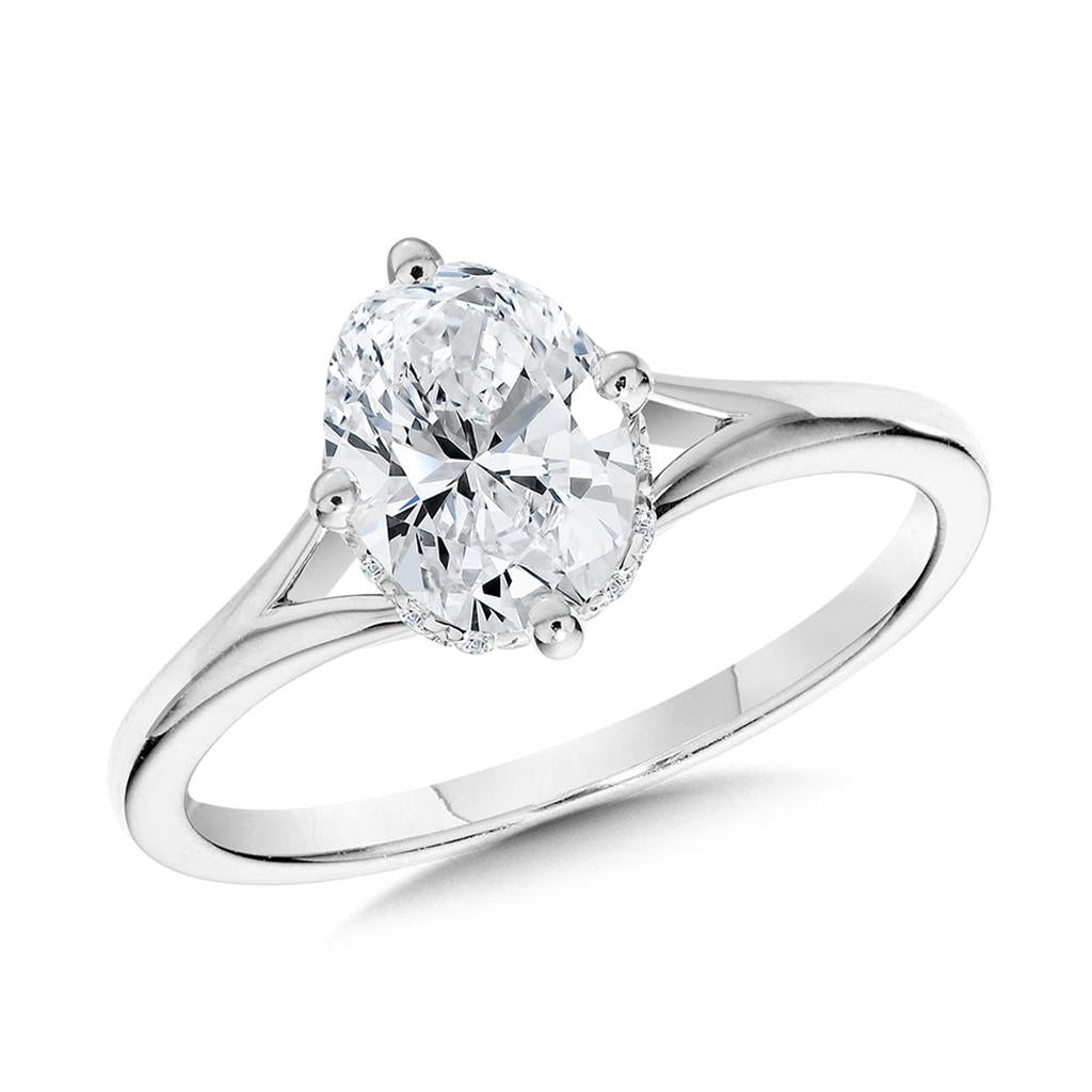 14K White Gold Oval-Cut Hidden Halo & Split Shank Diamond Engagement Ring with Compass Prongs