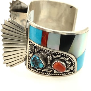 Silver Watch Cuff With Turquoise & Coral Stones, With Mother Of Pearl & Onyx Inlay