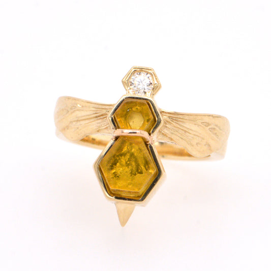 BeeEffect BeeWing Two Wing Amber, Diamond 14K Yellow Gold Ring