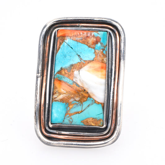 Handmade Silver 999, and 925, Copper and Spiny Oyster Turquoise Ring