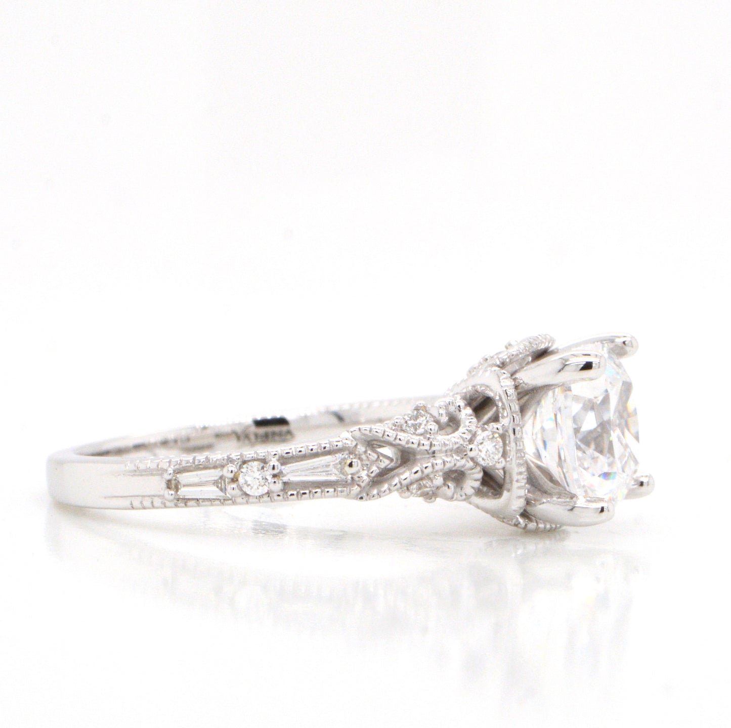 14K White Gold Diamond Filigree Engagement Ring with Baguette and Milgrain accents
