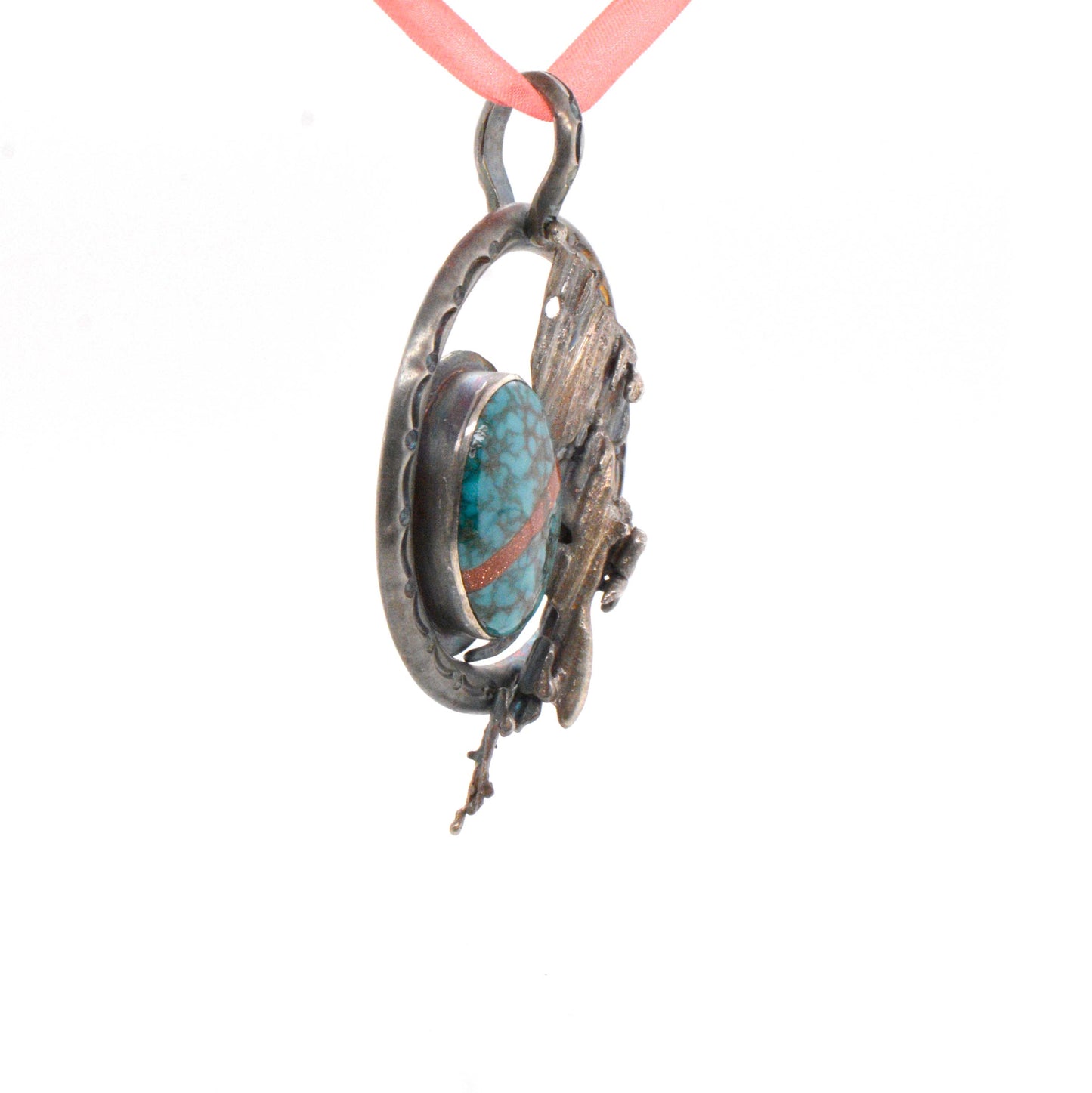Kingman Spider Web Turquoise With Gold Stone Inlay Pendant