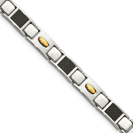 Chisel Stainless Steel Polished Yellow Plated with Black Carbon Fiber Inlay Link Bracelet