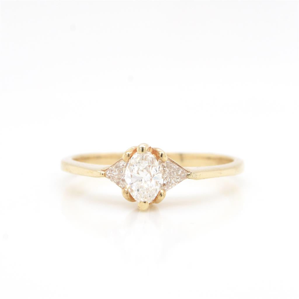 14K Yellow Gold Oval Diamond Ring With Trillion Accents