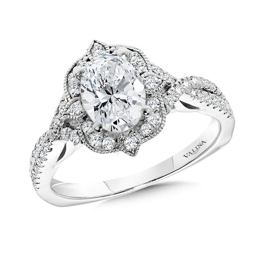 14K White Gold Vintage Oval-Cut Diamond Halo & Crisscross Engagement Ring with Milgrain Beading & Filigree